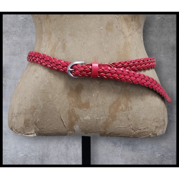 J. Crew Genuine Leather Braided Weave Belt Adjustable Buckle Medium Large Red - Picture 2 of 6